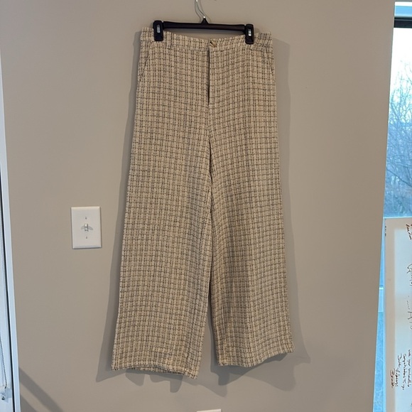 Lulus Posh Perception Ivory And Black Plaid Tweed Wide Leg Pants White - Size L - Picture 2 of 4